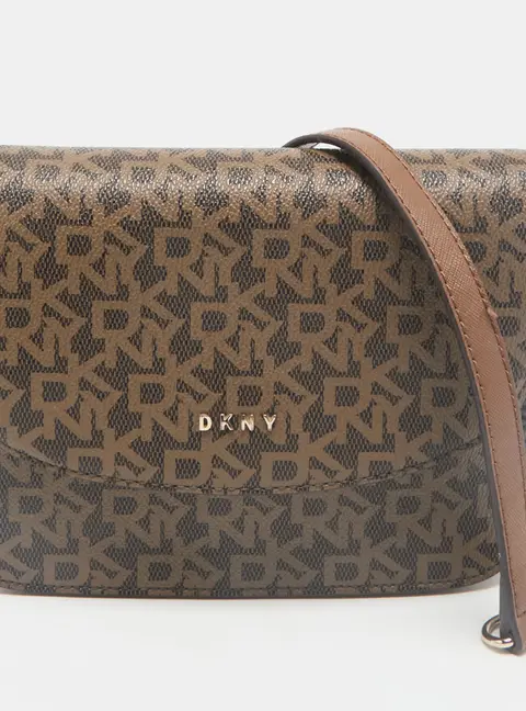 DKNY Two Tone Brown Signature Coated Canvas Bryant Park Flap Crossbody Bag