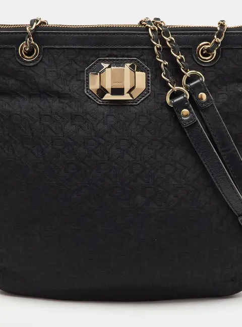DKNY Black Signature Canvas and Leather Chain Shoulder Bag