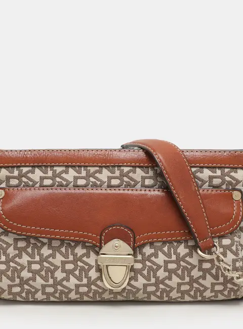 DKNY Beige/Brown Signature Canvas and Leather Shoulder Bag