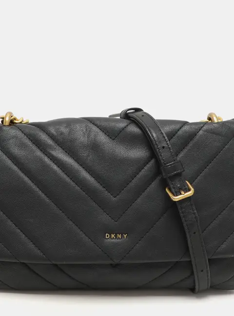 Dkny Black Quilted Leather Chain Flap Crossbody Bag