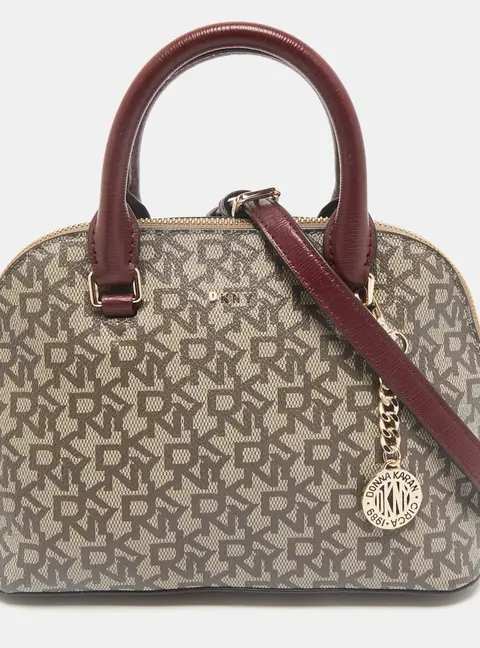 Dkny Brown/Maroon Signature Coated Canvas and Leather Small Dome Satchel