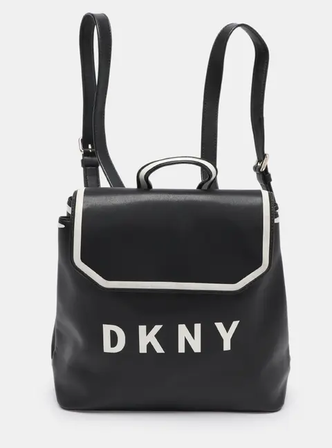 DKNY Black Leather Logo Print Jade Flap Backpack