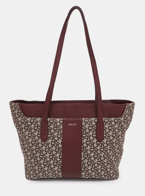 Dkny Beige/Burgundy Canvas and Leather Tote