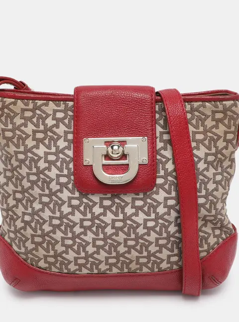 Dkny Beige/Red Canvas and Leather Crossbody Bag