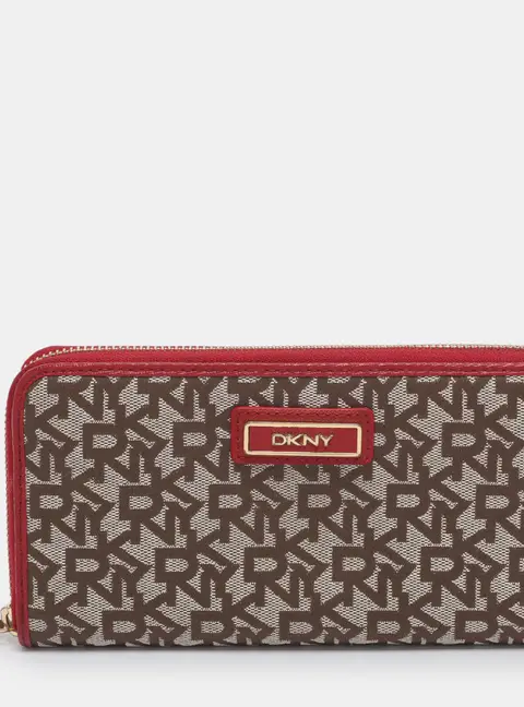 DKNY Beige/Red Canvas and Leather Zip Around Wallet