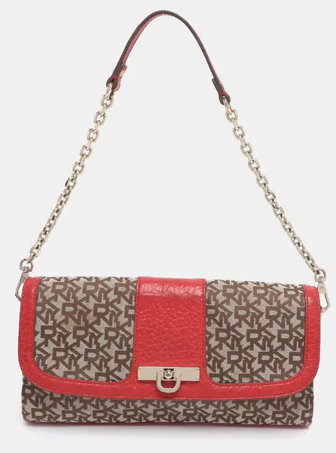 DKNY Beige/Red Canvas and Leather Chain Shoulder Bag