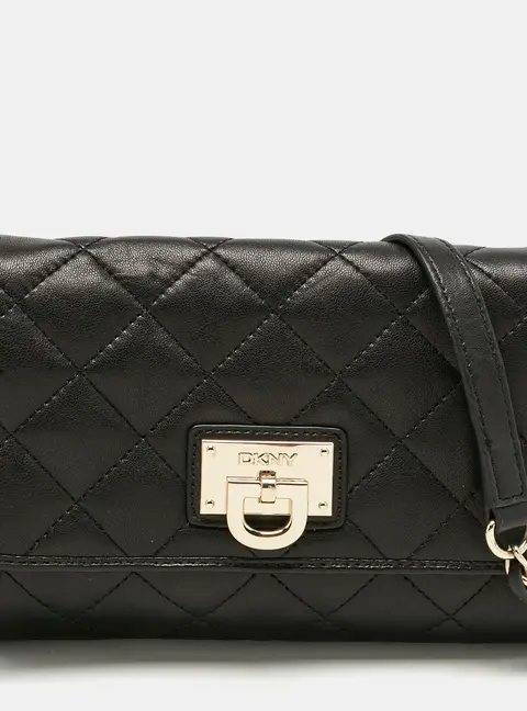 DKNY Black Quilted Leather Flap Chain Crossbody Bag