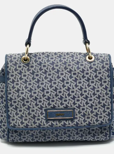 DKNY Blue Signature Canvas and Leather Trim Flap Top Handle Bag