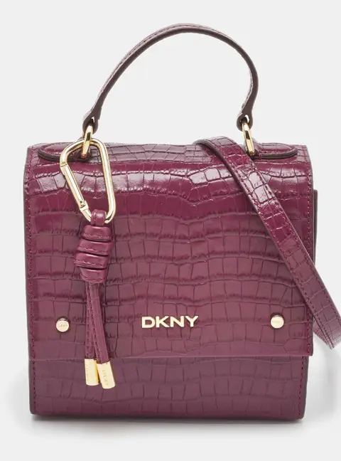 DKNY Burgundy Croc Embossed Leather Flap Top Handle Bag