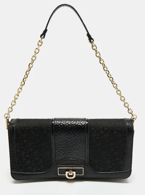 DKNY Black Signature Fabric and Leather Flap Chain Shoulder Bag