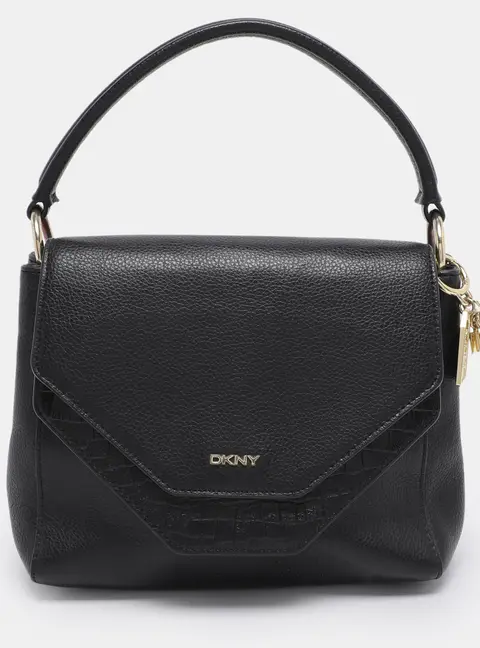 DKNY Black Leather and Croc Embossed Leather Top Handle Bag
