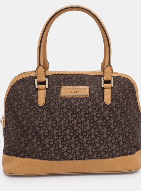 Dkny Brown/Mustard Canvas and Leather Dome Satchel