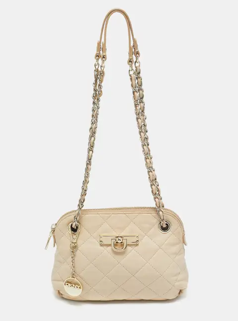 DKNY Light Beige Quilted Leather Small Zip Shoulder Bag