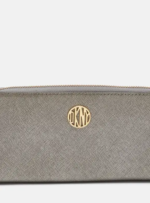 DKNY Metallic Grey Saffiano Leather Logo Zip Around Wallet