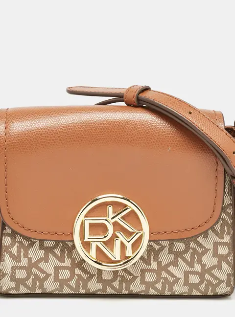 DKNY Beige/Brown Signature Coated Canvas and Leather Crossbody Bag