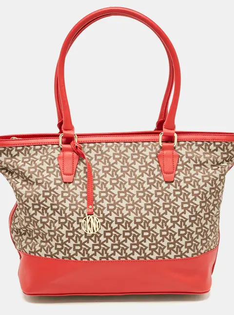 DKNY Red/Beige Signature Canvas and Leather Zip Tote