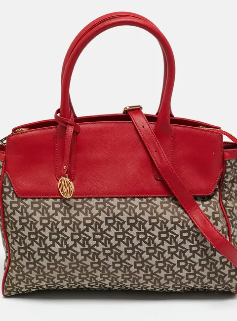 Dkny Red/Beige Monogram Fabric and Leather Zip Tote