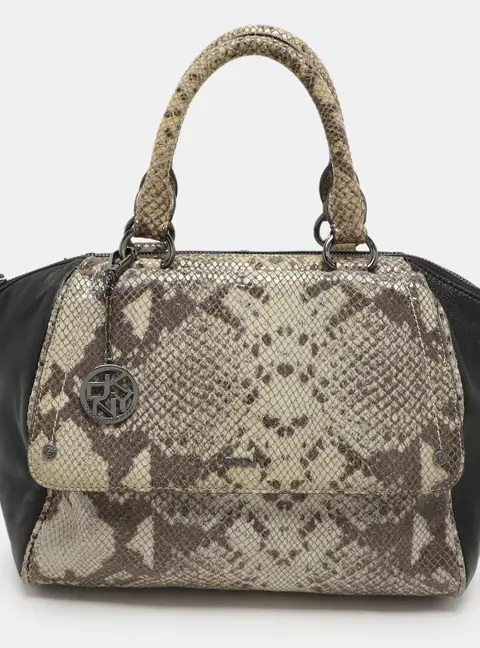 Dkny Grey/Black Leather and Snake Print Leather Satchel