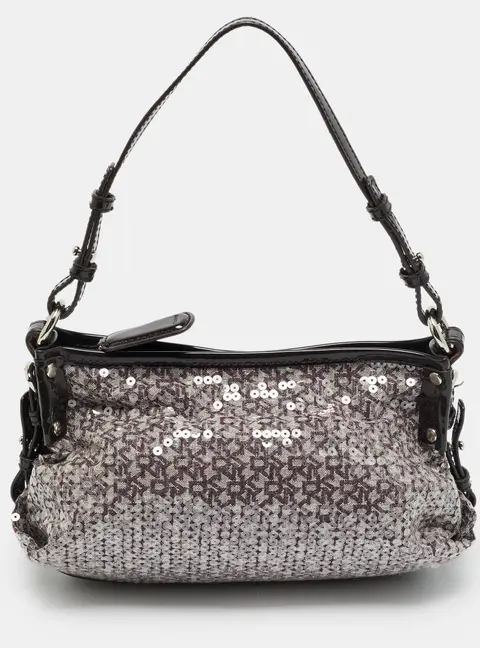 DKNY Monogram Plum Fabric, Patent Leather and Sequins Shoulder Bag