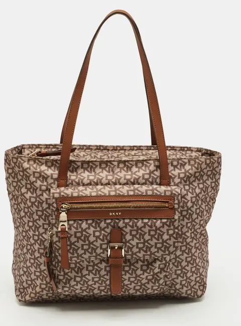 DKNY Cora Brown Monogram Fabric and Leather Tote