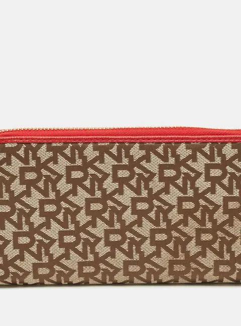 Dkny Beige/Red Monogram Fabric Zip Continental Wallet