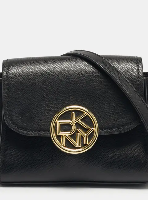 DKNY Black Leather Logo Flap Crossbody Bag