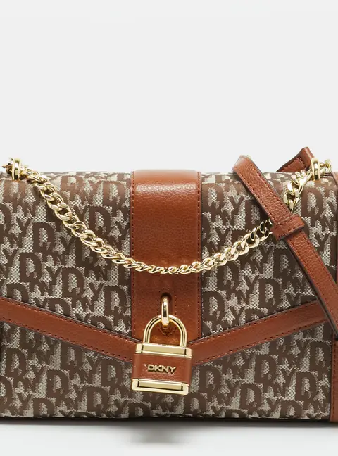 DKNY Ella Large Brown/Beige Signature Canvas and Leather Shoulder Bag