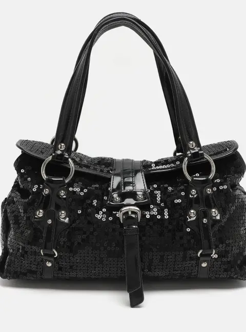 DKNY Black Patent Leather and Sequins Satchel
