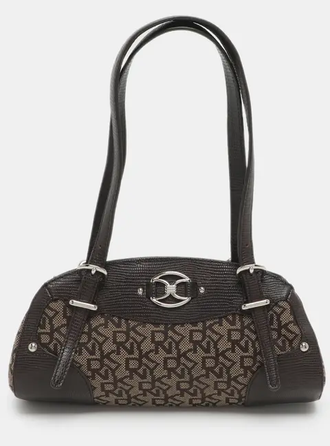 DKNY Brown Signature Canvas And Lizard Embossed Leather Satchel