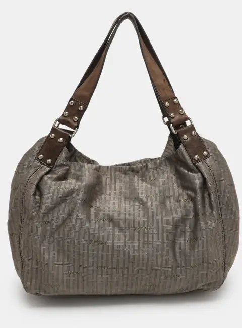 DKNY Grey/Brown Logo Print Nylon and Leather Hobo