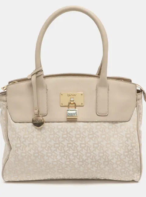 Dkny Heritage Lock Light Beige Signature Canvas and Leather Tote