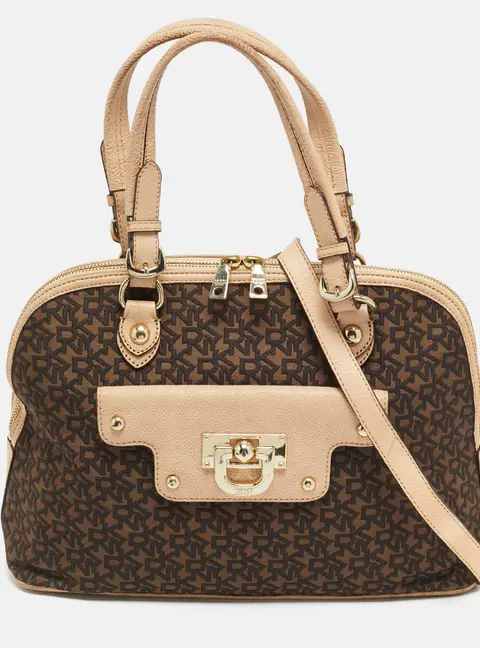 DKNY Brown/Blush Pink Jacquard Canvas and Leather Dome Satchel