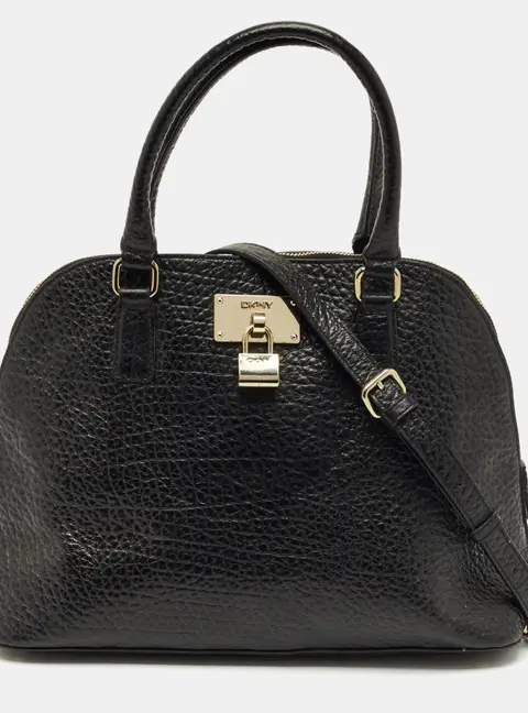 DKNY Black Pebbled Leather Padlock Dome Satchel