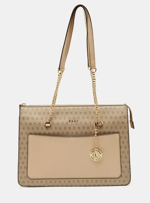 DKNY Beige Monogram Coated and Leather Large Bryant Chain Zip Tote