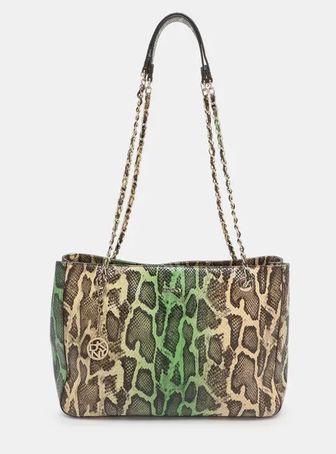 DKNY Green/Beige Python Embossed Leather Chain Tote