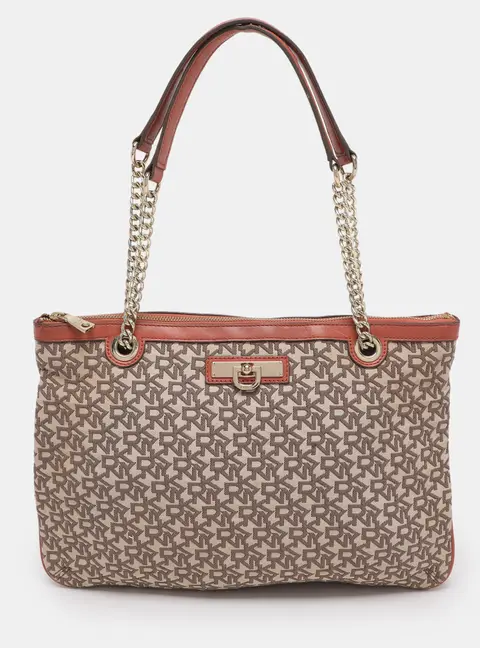 DKNY Brick Red/Beige Signature Coated Canvas And Leather Bryant Chain Shoulder Bag