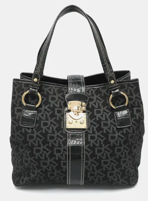 Dkny Black Signature Canvas and Croc Embossed Leather Tote