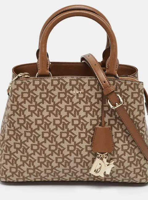 DKNY Paige Beige/Brown Signature PVC and Leather Satchel