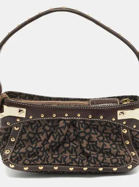 DKNY Brown Logo Jacquard Canvas and Leather Studded Shoulder Bag