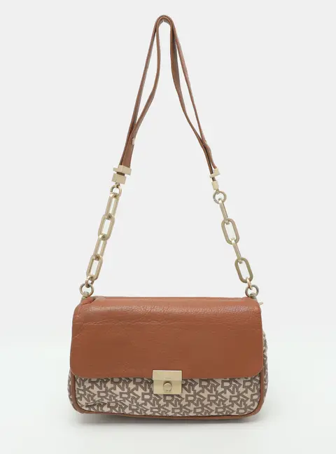DKNY Beige/Brown Signature Canvas and Leather Shoulder Bag