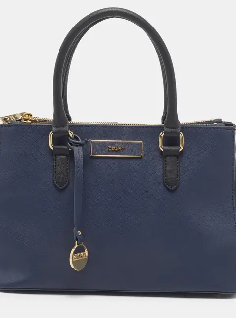 DKNY Navy Blue/Black Leather Double Zip Tote