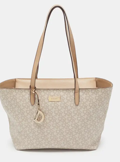 DKNY Zip Beige Signature Coated Canvas and Leather Tote
