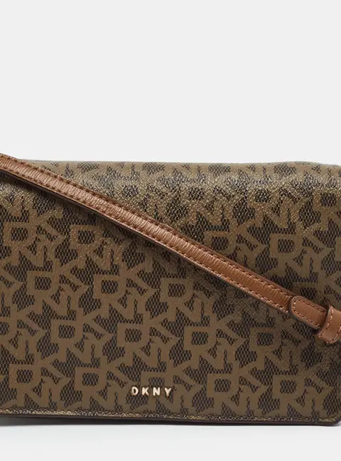 DKNY Bryant Brown Monogram Coated Canvas Flap Crossbody Bag