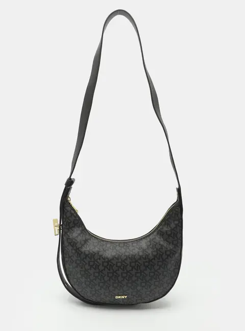 Dkny Grey/Black Signature Coated Canvas and Leather Hobo