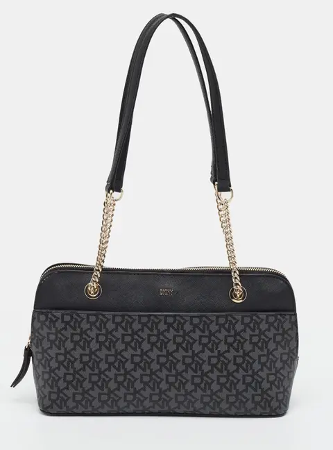 DKNY Bryant Park Medium Black Monogram PVC Zip Satchel
