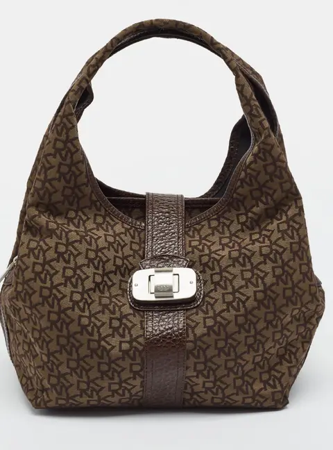 DKNY Twist Lock Brown Monogram Canvas and Croc Embossed Leather Hobo