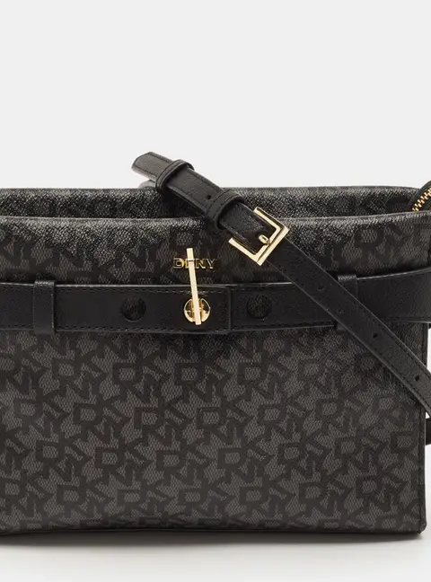 DKNY Bleeker East West Black/Grey Monogram Coated Canvas and Leather Crossbody Bag