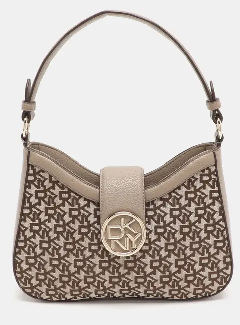 DKNY Beige Signature Canvas and Faux Leather Hobo
