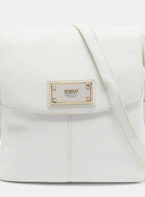 DKNY Logo Flap White Leather Crossbody Bag