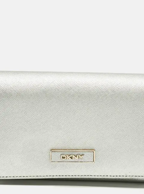 Dkny Logo Flap Silver Leather Wallet